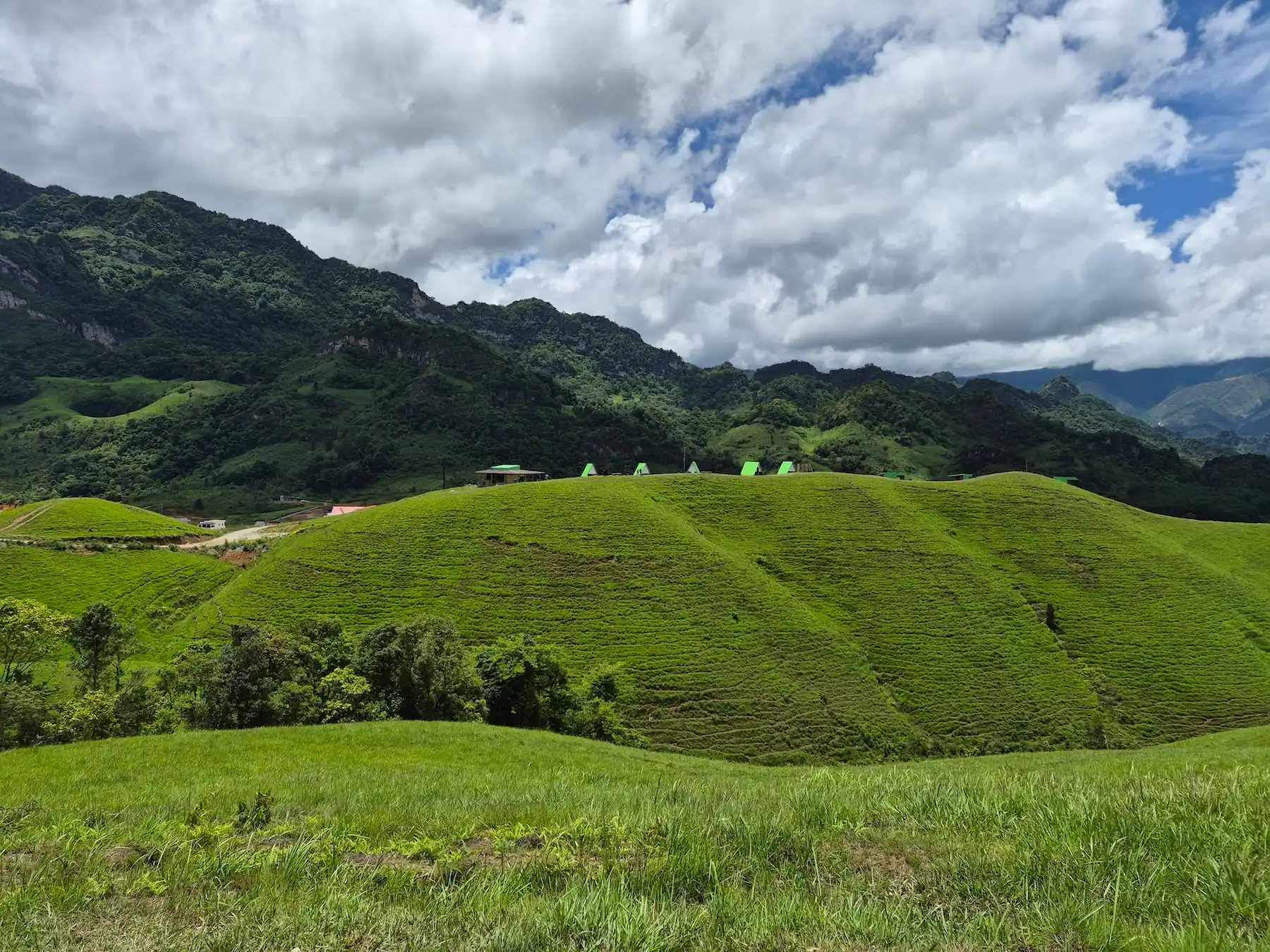 Einfache Bungalows auf den grünen Hügeln des Phou Hua Lon in Laos